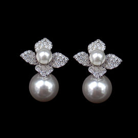 Crystal Zircon Silver Freshwater Pearl Stud Earrings For Anniversary Gift